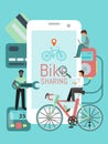 Bicycles sharing system phones app vector illustration. Service for rent bikes in the city. Big mobile phone with Royalty Free Stock Photo