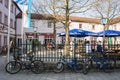 Bicycles stand in front of a beergarden