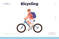 Bicycling landing page design template with happy cartoon teenager boy child cyclist character Royalty Free Stock Photo