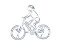 Bicyclist rider man with bike isolated on background, vector illustration, hand drawn, sketch