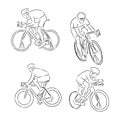 Bicyclist rider man with bike isolated on background, vector illustration, hand drawn, sketch, cyclist, vector sketch illustration