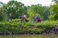 Bicyclists enjoy ride at the Erie Canal canal way trail in Upstate New York Royalty Free Stock Photo