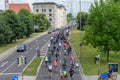 Bicyclists` parade in Magdeburg, Germany am 17.06.2017. Many people ride bicycles in city center. Back view