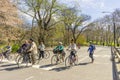 Bicyclists and a runner make thier way along a road in Central Park