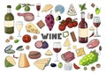 Bid hand drawn set with wine, different cheese, grape, vegetables isolated on white background. Vector doodle wine set Royalty Free Stock Photo