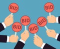 Bidder hands holding auction paddle. Buyer business vector concept Royalty Free Stock Photo