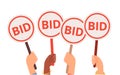 Bidding process. Auction paddles, flat hand holding plates. Finance or business, special offer vector concept