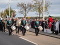 BIDEFORD, DEVON, ENGLAND - NOVEMBER 14 2021: Remembrance Sunday ceremony. The town band march past local dignitaries en