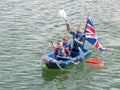 BIDEFORD, DEVON - JUNE 11 2023: Entrant in the annual Cardboat Boat Race on the River Torridge