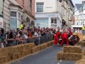 BIDEFORD, NORTH DEVON, ENGLAND - SEPTEMBER 5 2021: The Soapbox Derby. A gokart takes a tumble but get righted and