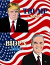 Biden 2020 campaign poster and Trump 2020 campaign poster. Illustration, flyers, brochure on an American flag background. USA