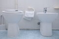 Bidet and toilet white on the blue tiles Royalty Free Stock Photo