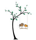 Birds on swing on tree, vector. Cute birds silhouettes in love. Tree illustration in spring. Wall artwork, cartoon art design Royalty Free Stock Photo