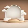 Biege 3d round podium with cloud. Empty space for text. Generative ai