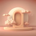 Biege 3d round podium with cloud. Empty space for text. Generative ai