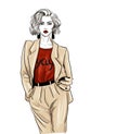 Biege suit trendy woman look fashion sketch