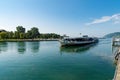 Large public transport passenger ship enters the harbor in Biel on the Bielersee Lake Royalty Free Stock Photo