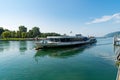 Large public transport passenger ship enters the harbor in Biel on the Bielersee Lake Royalty Free Stock Photo