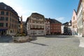 View of the Burgplatz Square and the historic fountain in the picturesque old town of Biel Royalty Free Stock Photo