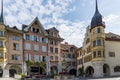 View of the Ring Square and the Vennerbrunnen Fountain in the historic old town of Biel Royalty Free Stock Photo