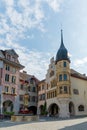 View of the Ring Square and the Vennerbrunnen Fountain in the historic old town of Biel Royalty Free Stock Photo