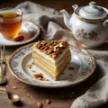 Bienenstich Cake Slice with Almonds and Tea Royalty Free Stock Photo