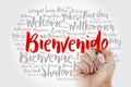 Bienvenido Welcome in Spanish word cloud with marker in different languages, conceptual background