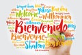 Bienvenido Welcome in Spanish word cloud with marker in different languages, conceptual background