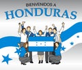 Bienvenidos a Honduras -Welcome to Honduras in Spanish language- Group of people dressed in the colors of the Honduras flag