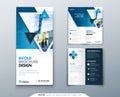 Bifold brochure design. Blue template for bi fold flyer. Layout with modern triangle photo and abstract background