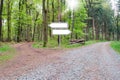 Bifurcation of a footpath in the wood - Choose your way. Empty Sign. Royalty Free Stock Photo