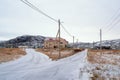 Bifurcation of the road. Old authentic village of Teriberka