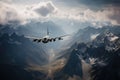 Big advanced airlift jet soaring through towering peaks