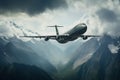 Big advanced airlift jet soaring through towering peaks