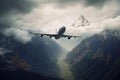 Big advanced airlift jet soaring through towering peaks