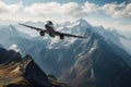 Big advanced airlift jet soaring through towering peaks