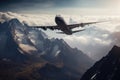 Big advanced airlift jet soaring through towering peaks