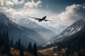 Big advanced airlift jet soaring through towering peaks