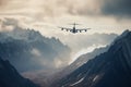 Big advanced airlift jet soaring through towering peaks