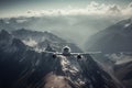 Big advanced airlift jet soaring through towering peaks