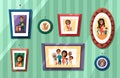 Big African American family photos portraits in colored frames on wall. Mother and father with baby, grandparents and Royalty Free Stock Photo