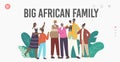 Big African Family Landing Page Template. Father, Mother, Grandparents and Children Characters Hugging, Holding Hands