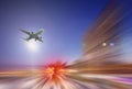 Big airplane in sky on blurred background