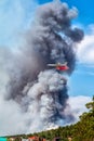 Big amphibious fire aircraft drops water on large forest fire near the village Royalty Free Stock Photo