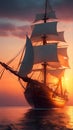 big ancient pirate ship sailing on rough sea with sunset Royalty Free Stock Photo