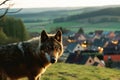 Big, angry and hungry wolf in countryside village area. Generative AI