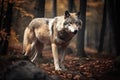 Big, angry and hungry wolf in the forest. Generative AI