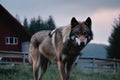 Big, angry and hungry wolf next to house at dusk. Generative AI