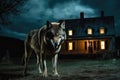 Big, angry and hungry wolf next to house at night. Generative AI Royalty Free Stock Photo
