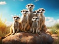 Big Animal family. Funny image from Africa nature. Cute Meerkat Suricata suricatta sitting on the stone